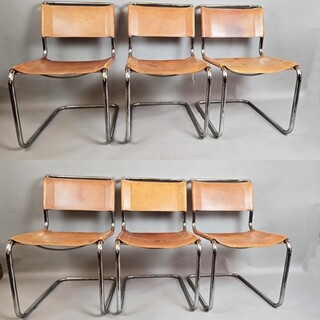Set of 6 Thonet chairs in tubular metal, yellow leather seats.