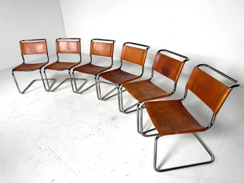 Set of 6 Thonet chairs in tubular metal, yellow leather seats.