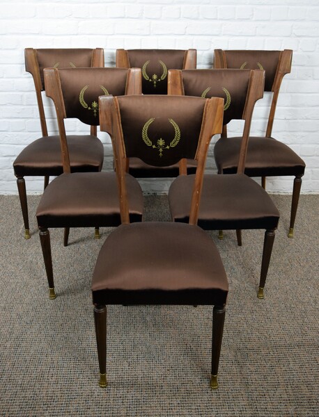 Set of 6 walnut and silk chairs - Italy - circa 50'