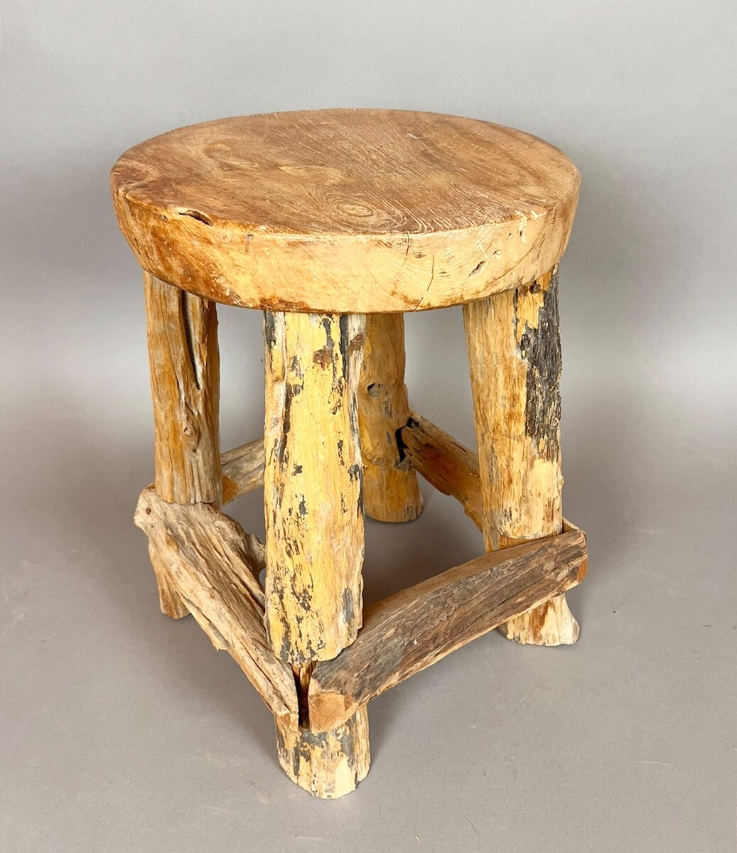 Set of four brutalist wooden stools