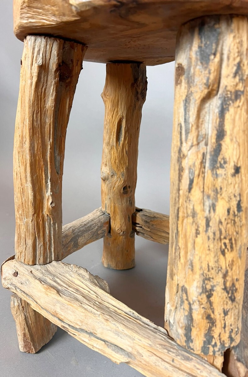 Set of four brutalist wooden stools