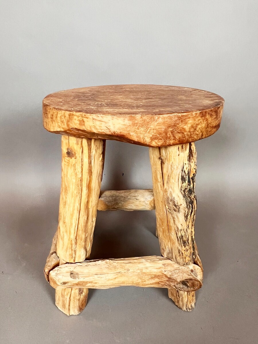 Set of four brutalist wooden stools