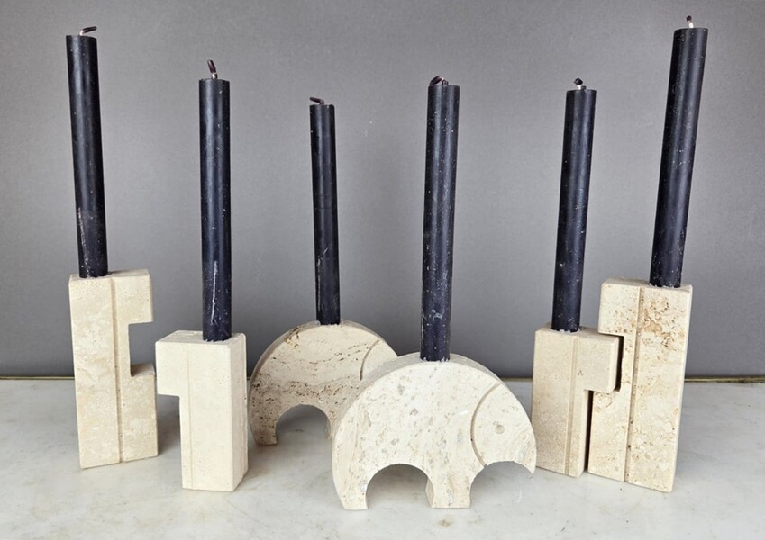 Set of travertine candlesticks and photo holders, circa 1970 (price per pair)