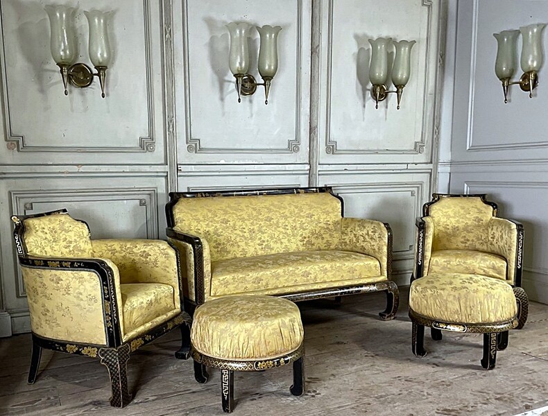 Set Of Two Armchairs, A Sofa And Two Poufs In Lacquered Wood With Golden Chinese Decorations 