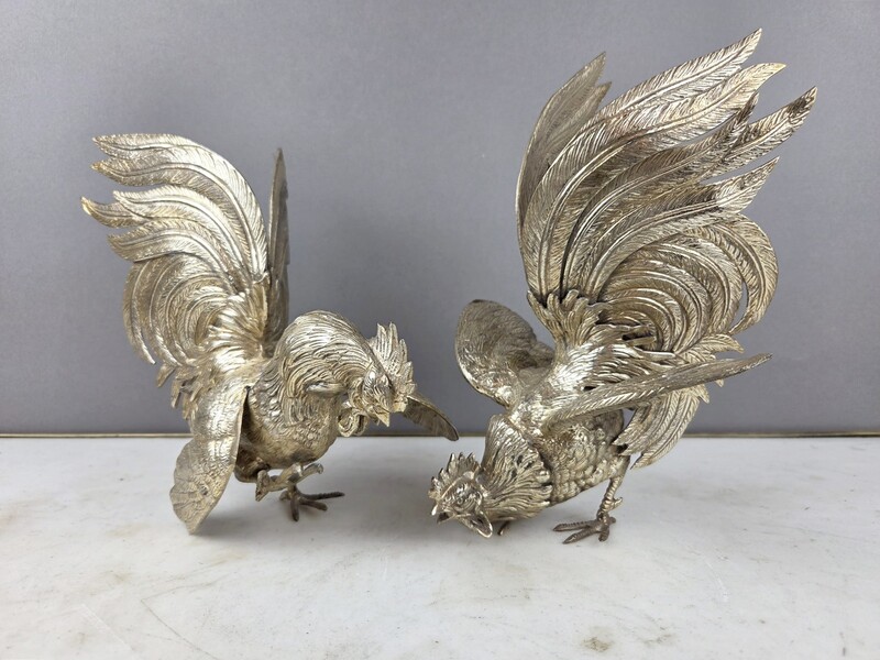 Silver-plated bronze cockfight, early 20th century