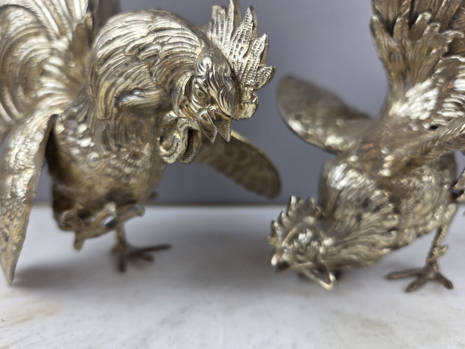 Silver-plated bronze cockfight, early 20th century