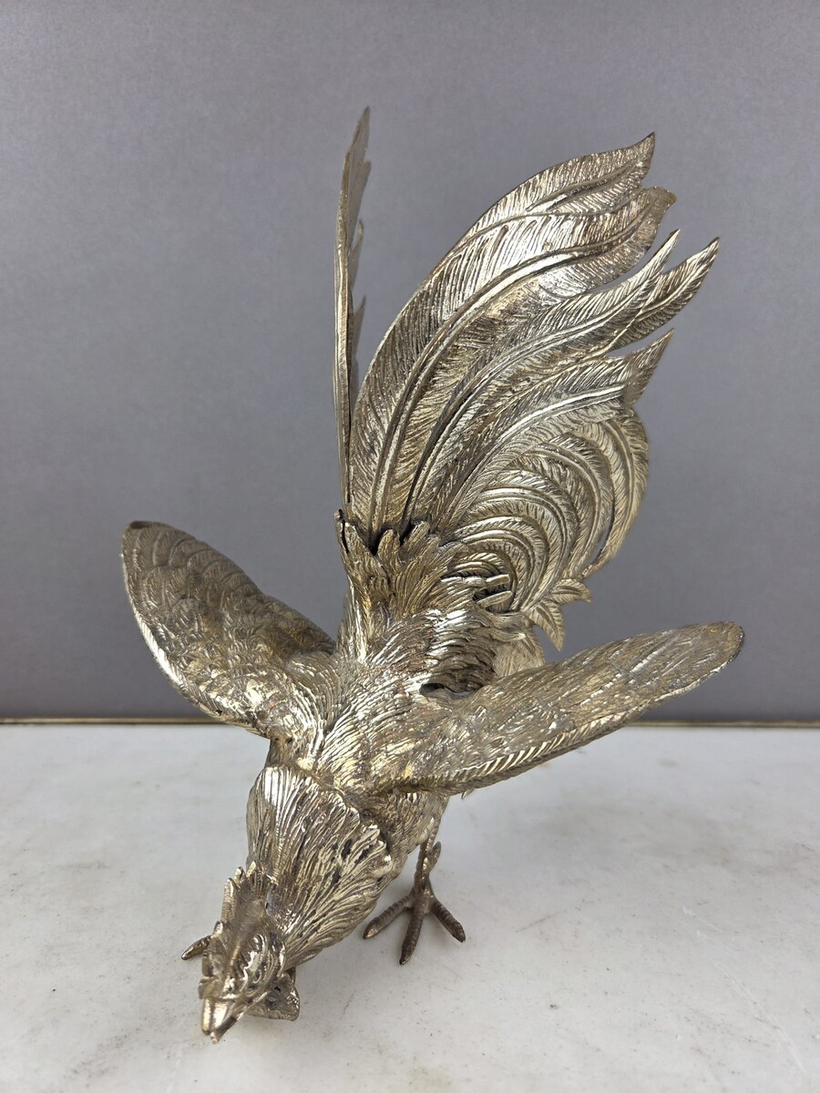 Silver-plated bronze cockfight, early 20th century