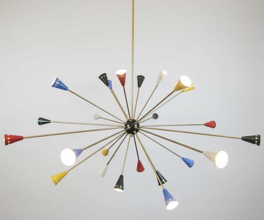 Sputnik chandelier in brass, multicolored, Italian, vintage