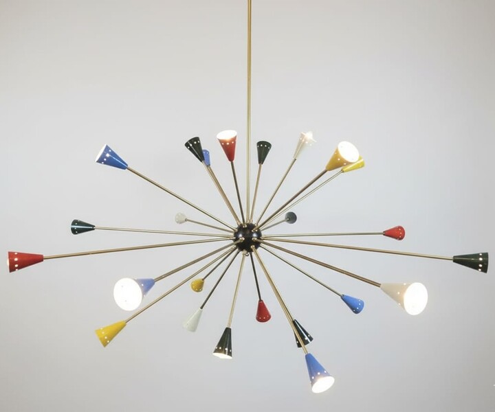 Sputnik chandelier in brass, multicolored, Italian, vintage