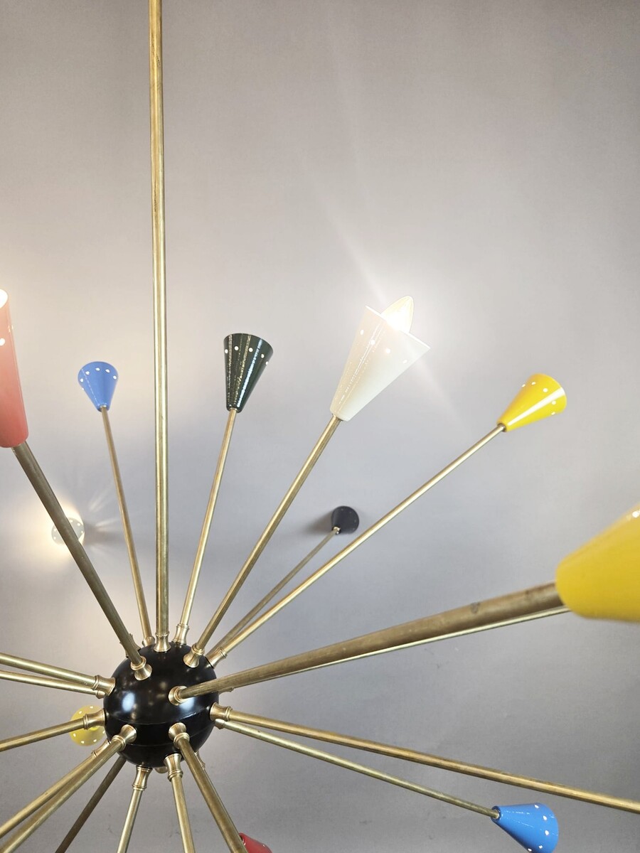 Sputnik chandelier in brass, multicolored, Italian, vintage