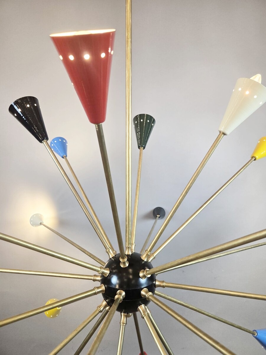 Sputnik chandelier in brass, multicolored, Italian, vintage