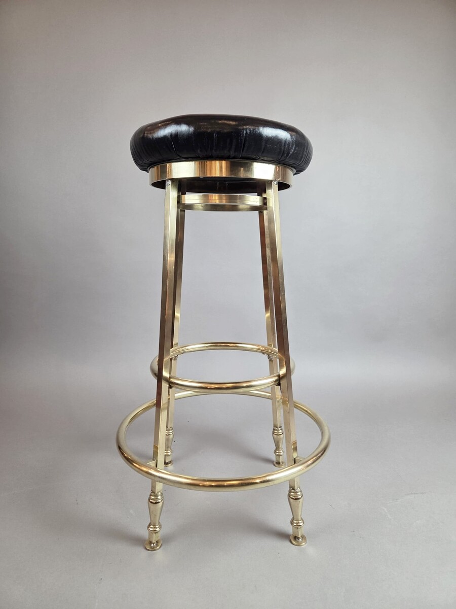 Suite of 3 brass barstools with leather seats, circa 1940