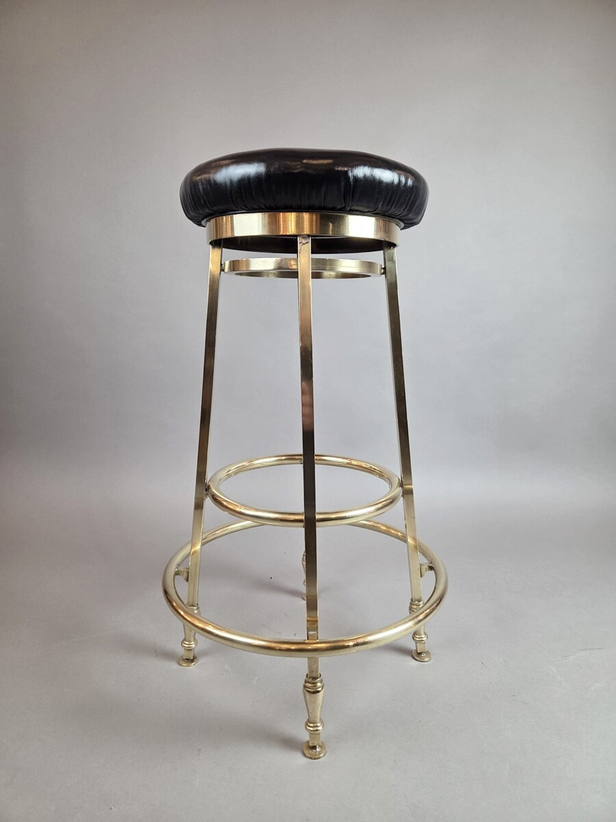 Suite of 3 brass barstools with leather seats, circa 1940