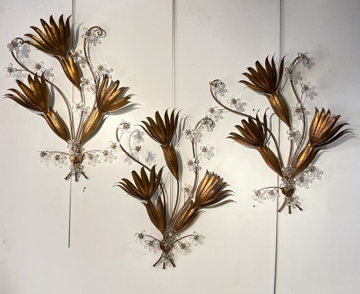 Suite of 3 wall lights in gilded metal - circa 1960