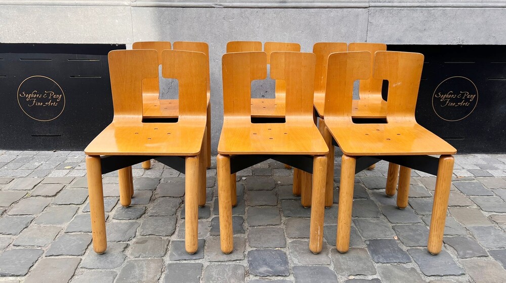 Suite of 6 chairs, wood with lacquered metal base, 1980s