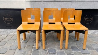 Suite of 6 chairs, wood with lacquered metal base, 1980s