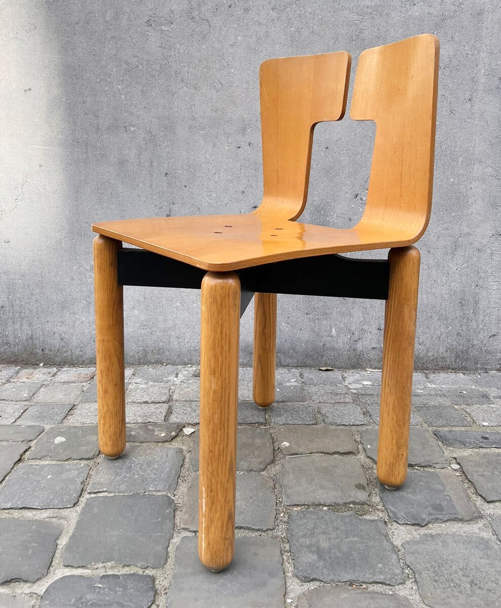 Suite of 6 chairs, wood with lacquered metal base, 1980s