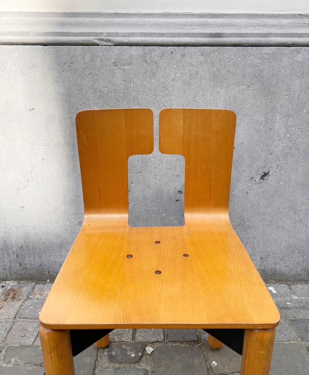 Suite of 6 chairs, wood with lacquered metal base, 1980s