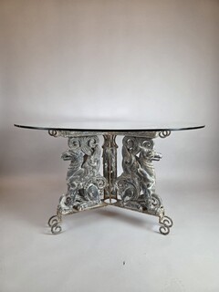 Table, zinc and wrought iron base, glass top