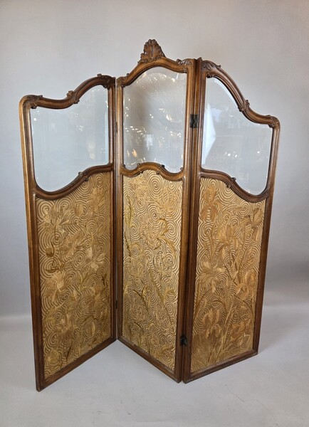 Three-panel Louis XV style screen in walnut and beveled glass, circa 1900