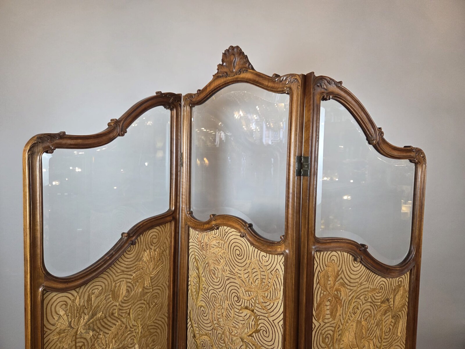 Three-panel Louis XV style screen in walnut and beveled glass, circa 1900