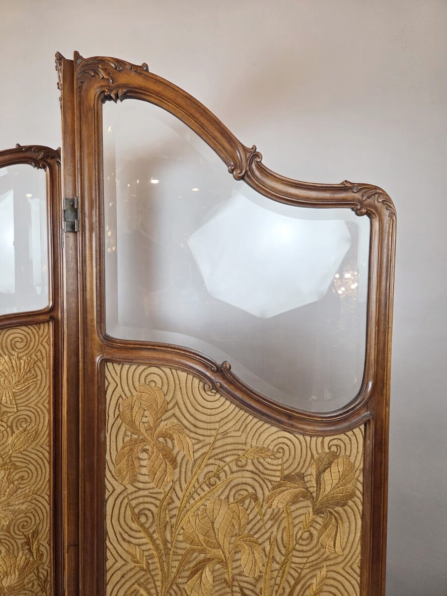 Three-panel Louis XV style screen in walnut and beveled glass, circa 1900