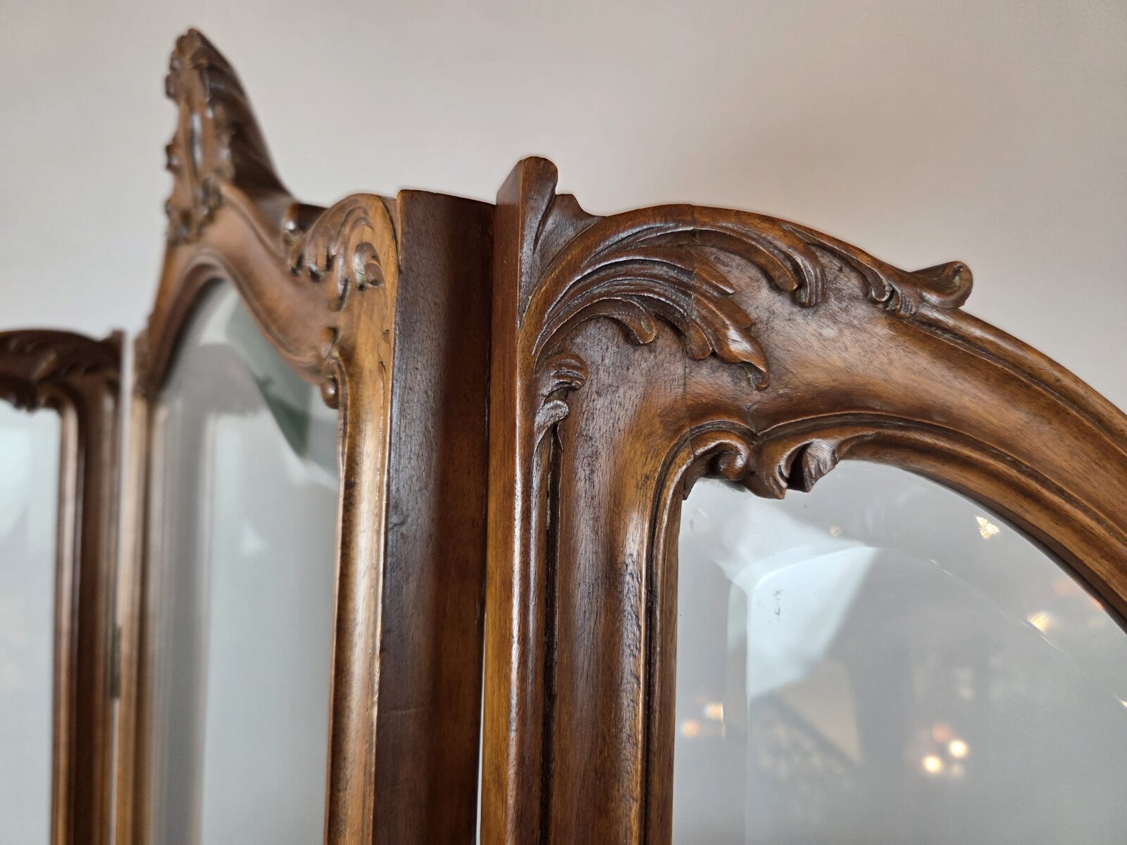 Three-panel Louis XV style screen in walnut and beveled glass, circa 1900