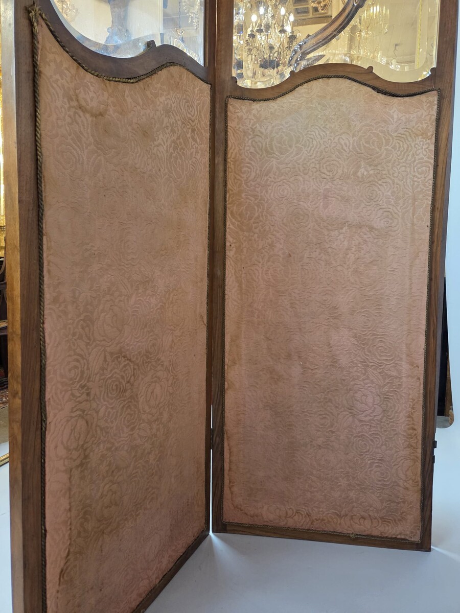 Three-panel Louis XV style screen in walnut and beveled glass, circa 1900