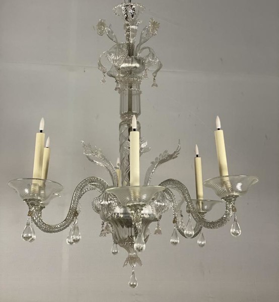 Transparent Murano Glass Venetian Chandelier, 6 Arms Of Light