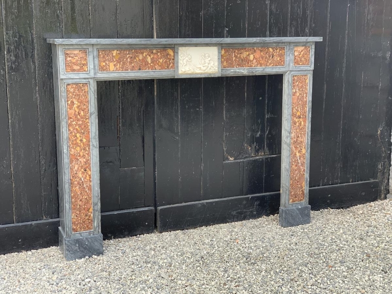 Turquin blue marble fireplace, Alep brecchia and white statuary, early 19th C.