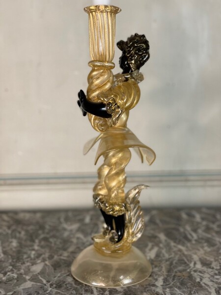 Venetian Candlestick In Murano Glass With Gold Powder, Circa 1950