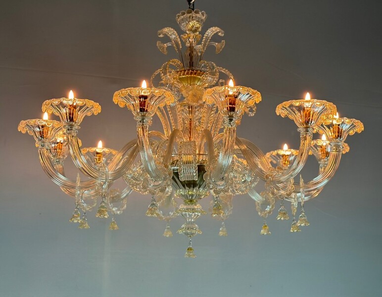 Venetian Chandelier In Golden Murano Glass, 10 Arms Of Light Circa 1930