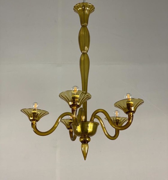 Venetian Murano Glass Chandelier In Amber Yellow Color, 5 Arms Of Light