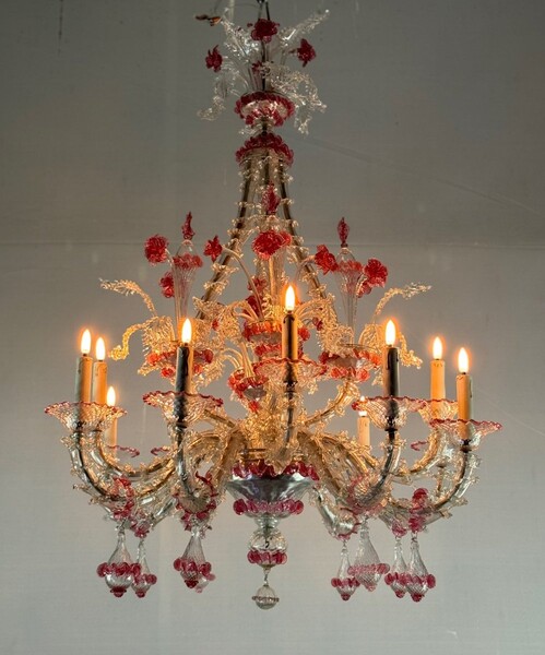 Venetian Rezzonico Chandelier In Colorless And Red Venice Glass Circa 1920 