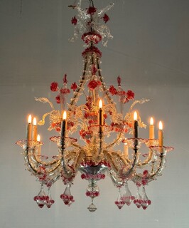 Venetian Rezzonico Chandelier In Colorless And Red Venice Glass Circa 1920 