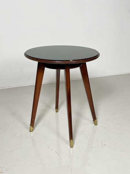Walnut and black glass pedestal table - brass shoes - circa 1930 - 40