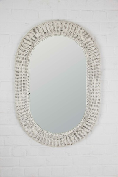 White patinated rattan mirror