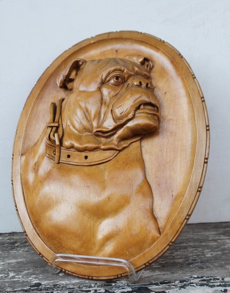 Wooden bulldog portrait