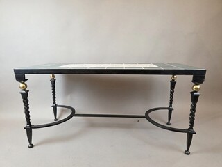 Wrought iron and ceramic coffee table, signed circa 1940