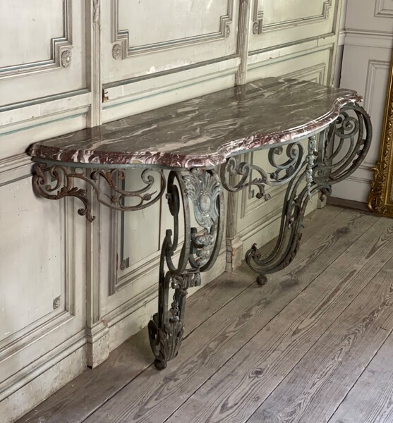 Wrought iron console, marble Rance from Belgium