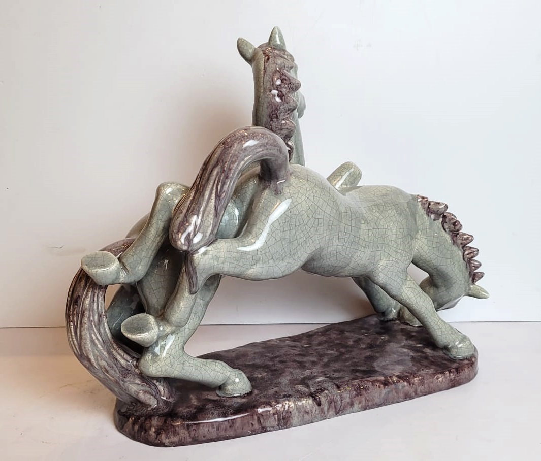 Young fiery horses in glazed and cracked ceramic - Goldsceider - Austria - early 20th century